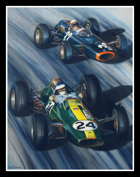 Jackie Stewart chases Jim Clark through the 'Parabolica' to win his first GP