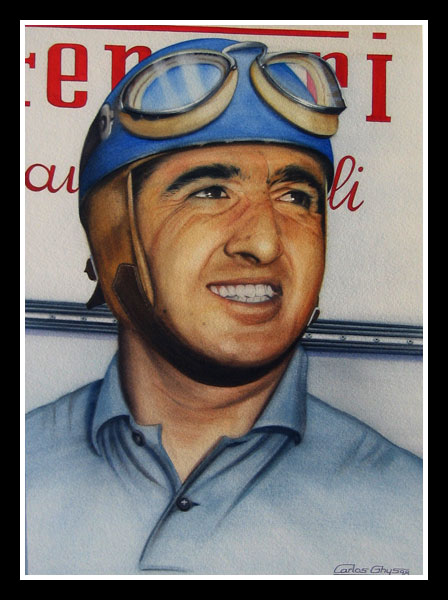 portrait of Alberto Ascari wearing his helmet