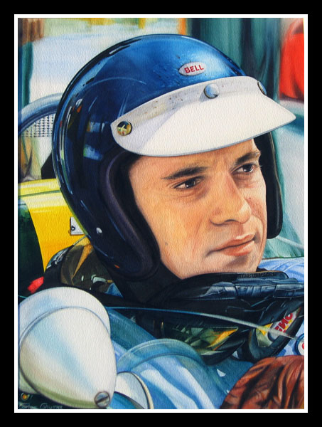 Close portrait of Jim Clark in the F1 Lotus, wearing his helmet