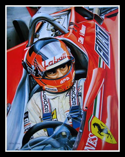 watercolour painting of Gilles Villeneuve, sitting in his 1981 F1 Ferrari 126CK