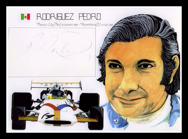 Pedro Rodriguez 1970, composition of portrait, Yardley BRM P 153 and original autograph