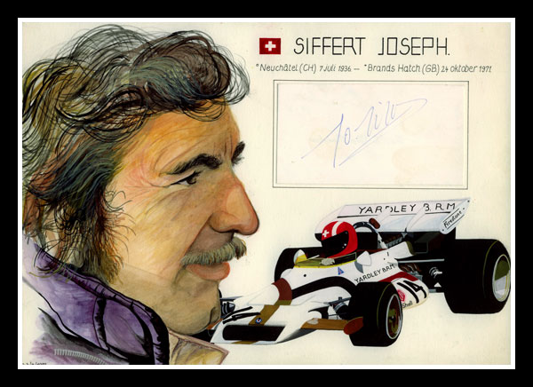 Joseph Siffert, composition with portrait, BRM P160 and original autograph