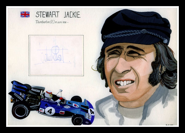 Jackie Stewart, composition with portrait, Tyrrell-Ford and original autograph